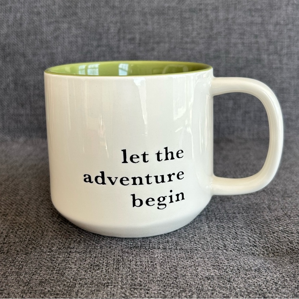 “let the adventure begin” Mug, Ivory, Black, Green, 15 oz